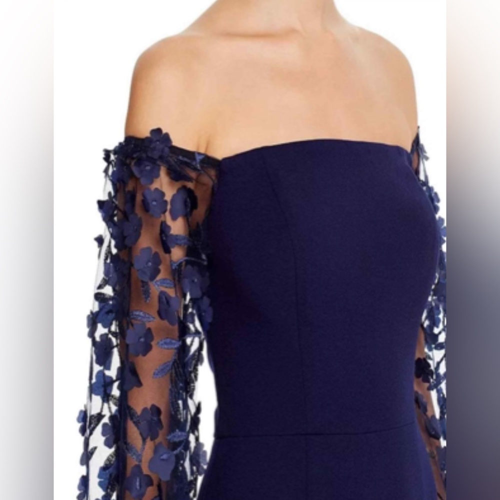 Eliza J Off Shoulder Navy Dress with 3D Floral Sleeves Gown MOB MOG - Picture 5 of 10